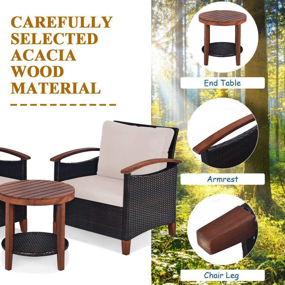 3-Piece Wicker Outdoor Bistro Set with Beige Cushions