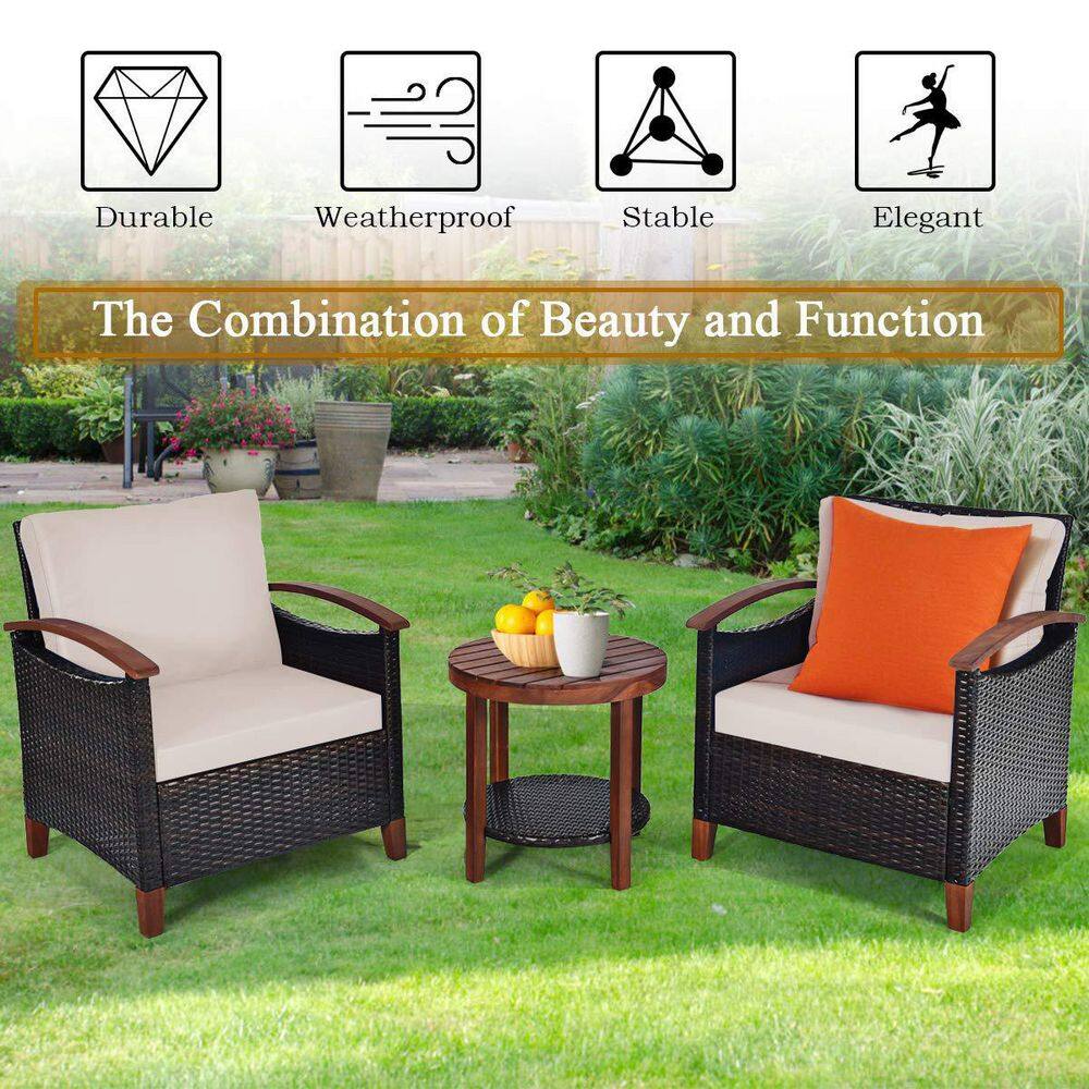3-Piece Wicker Outdoor Bistro Set with Beige Cushions