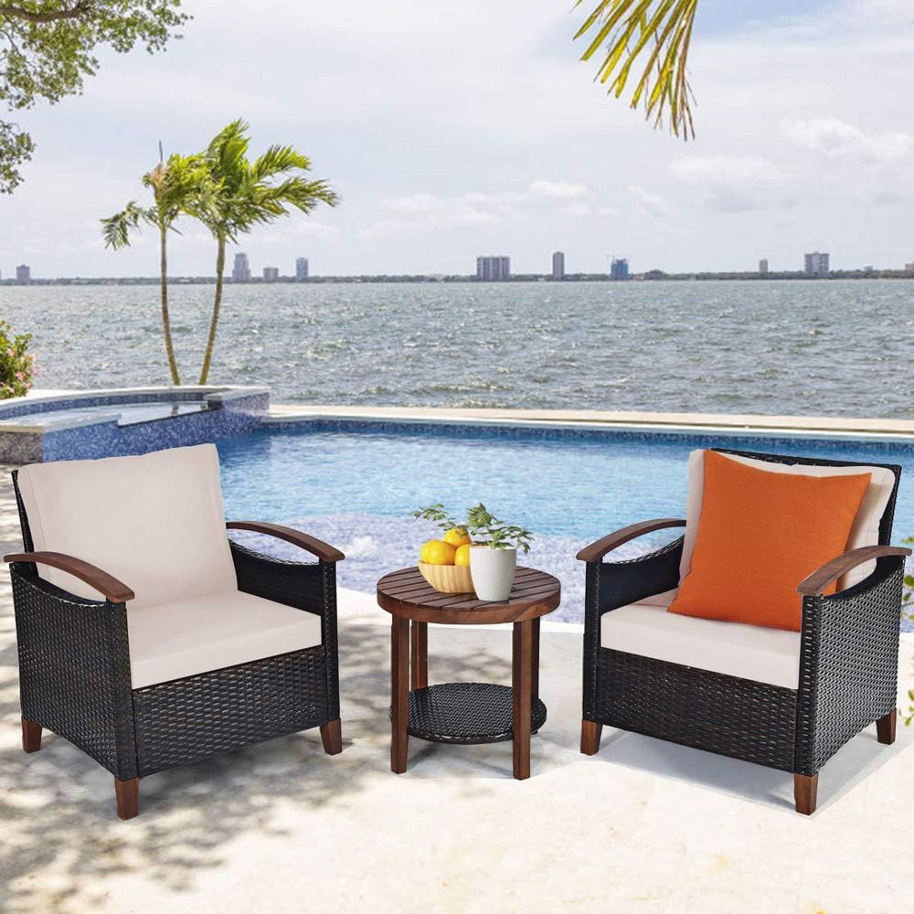3-Piece Wicker Outdoor Bistro Set with Beige Cushions