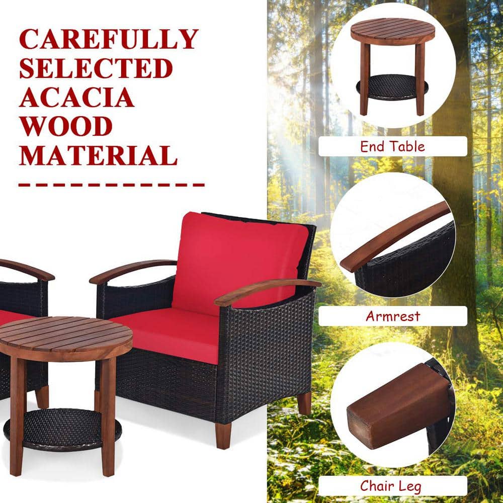 3-Piece Wicker Outdoor Bistro Set with Red Cushions