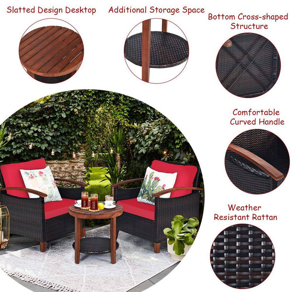 3-Piece Wicker Outdoor Bistro Set with Red Cushions