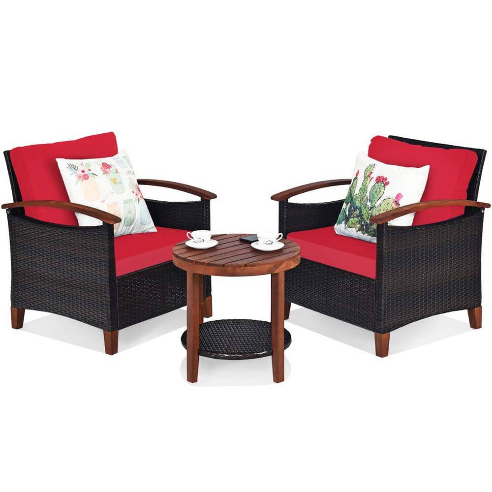 3-Piece Wicker Outdoor Bistro Set with Red Cushions