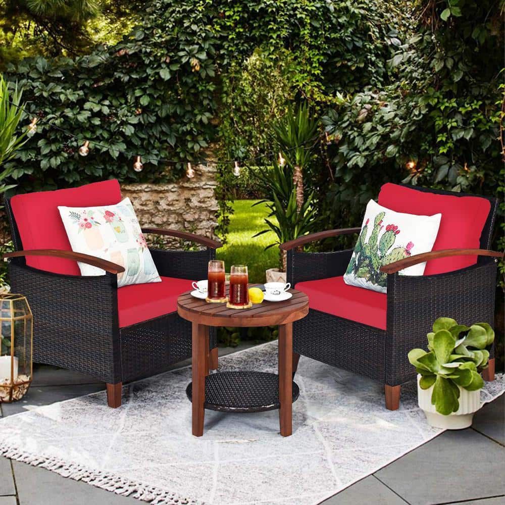 3-Piece Wicker Outdoor Bistro Set with Red Cushions