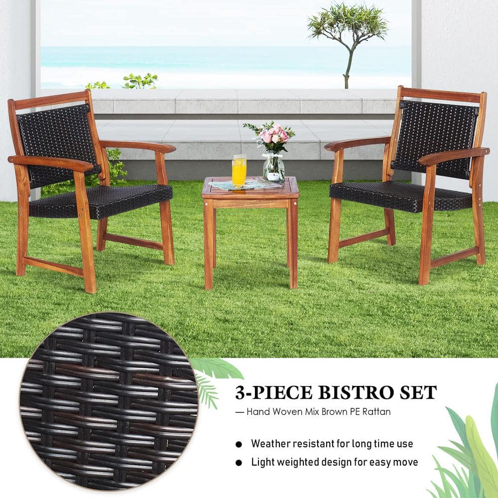 Brown 3-Piece Acacia Wood Outdoor Patio Bistro Set with Coffee Table