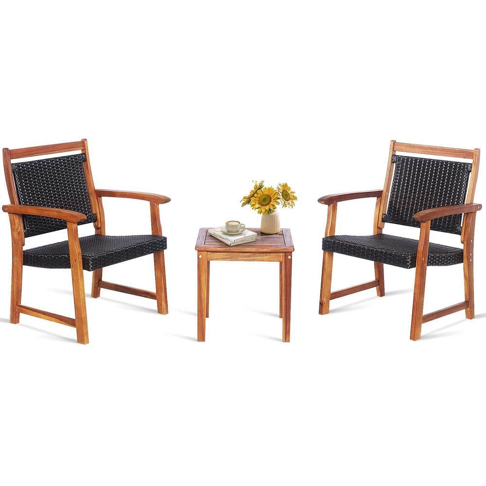 Brown 3-Piece Acacia Wood Outdoor Patio Bistro Set with Coffee Table