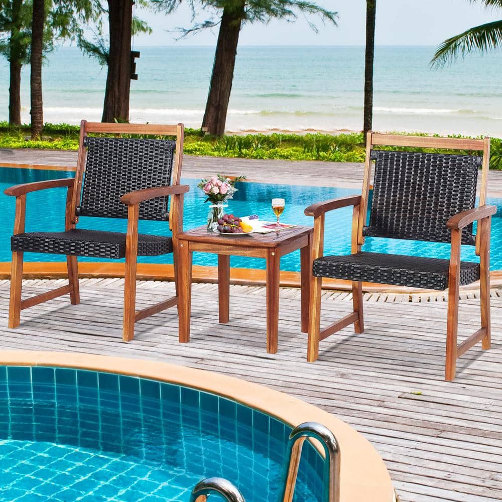 Brown 3-Piece Acacia Wood Outdoor Patio Bistro Set with Coffee Table