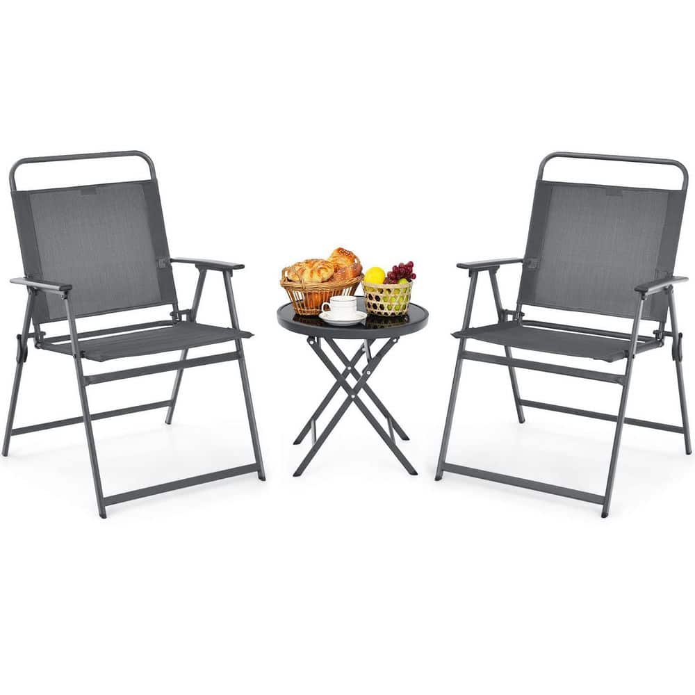 Black 3-Piece Metal Outdoor Bistro Set with Folding Table and Chairs