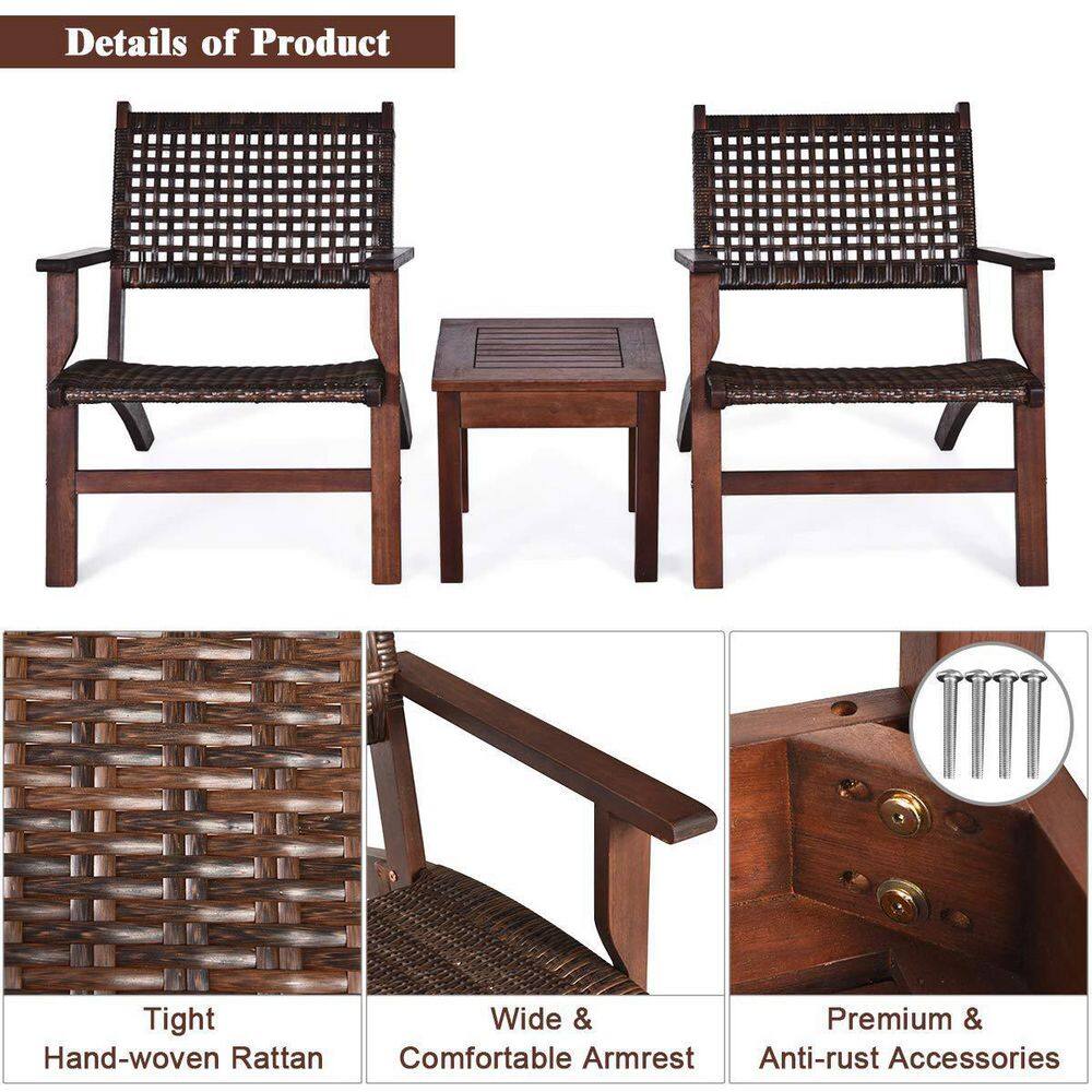 Brown 3-Pieces Wicker Outdoor Bistro Set with Coffee Table