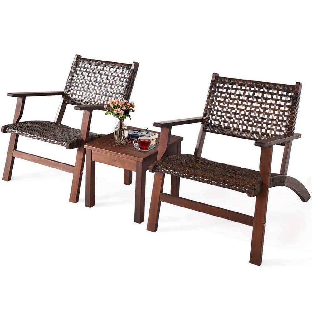 Brown 3-Pieces Wicker Outdoor Bistro Set with Coffee Table