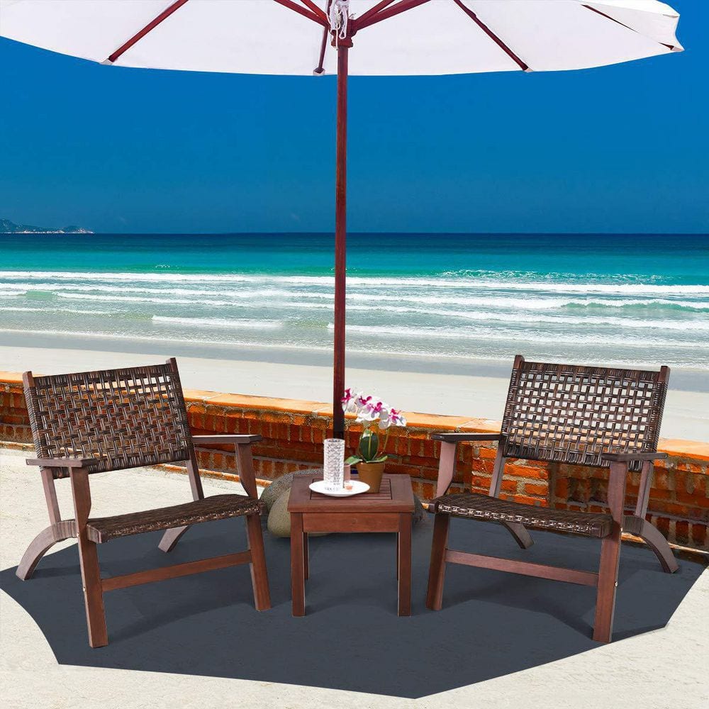 Brown 3-Pieces Wicker Outdoor Bistro Set with Coffee Table