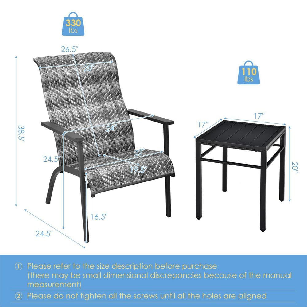 Gray 3-Piece Wicker Outdoor Bistro Set with High Backrest and Armrest