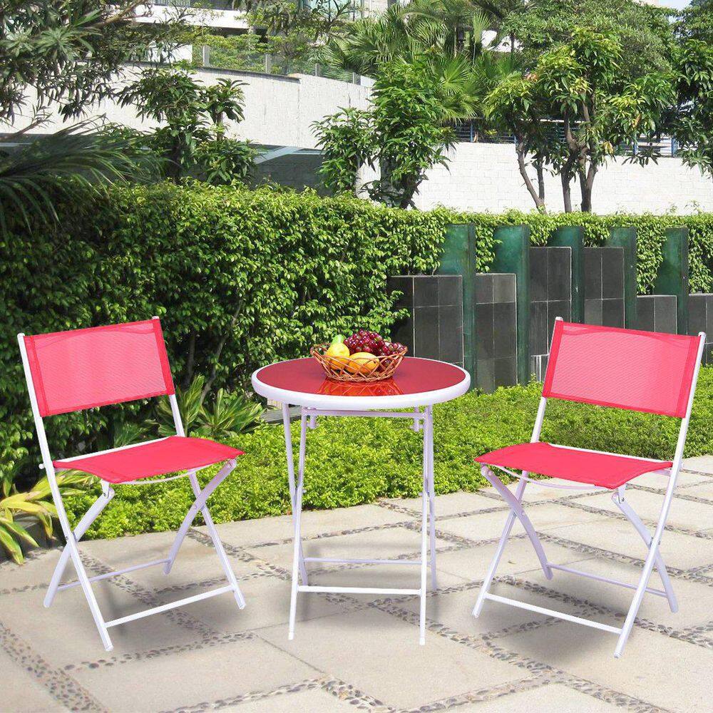 3-Piece Metal Folding Outdoor Patio Bistro Set in Red