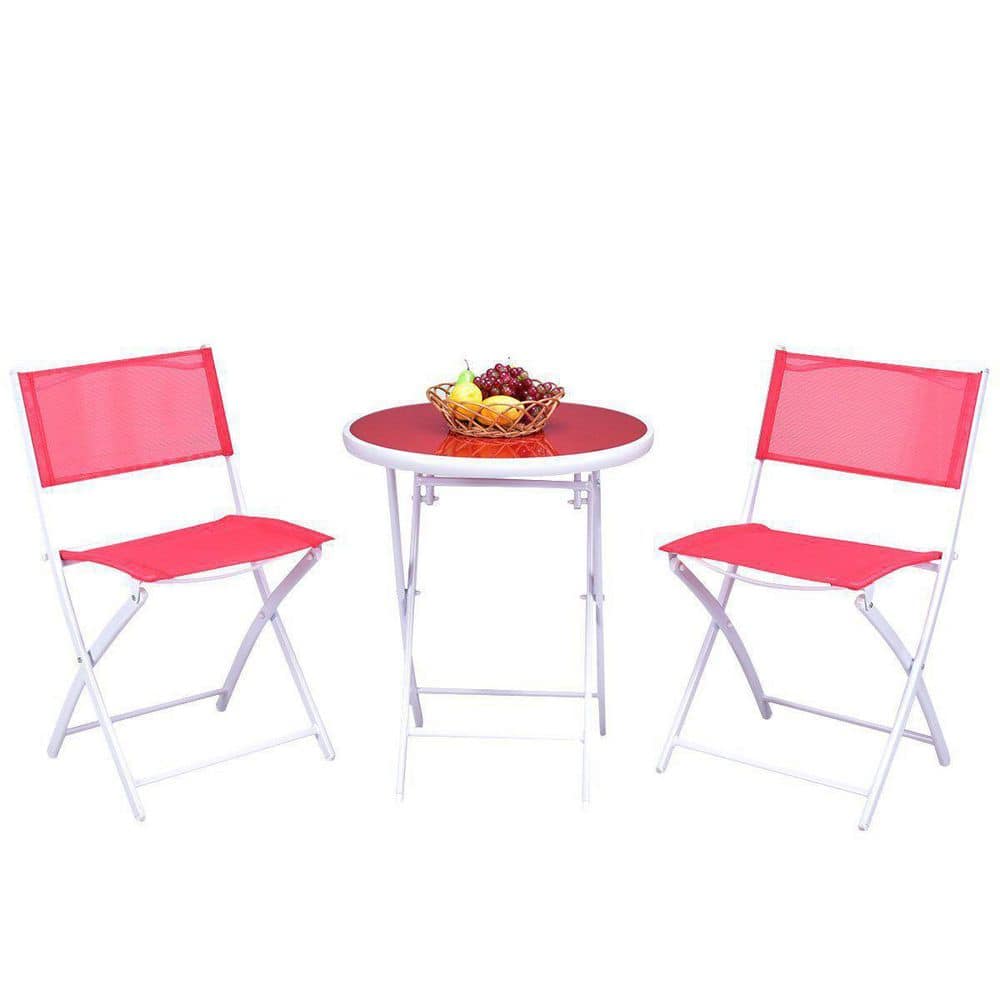 3-Piece Metal Folding Outdoor Patio Bistro Set in Red