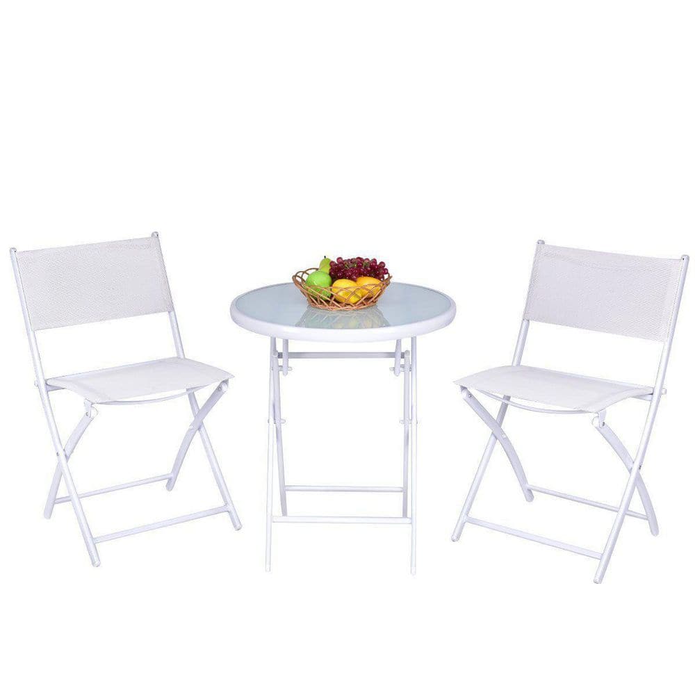3-Piece Metal Folding Outdoor Patio Bistro Set in White