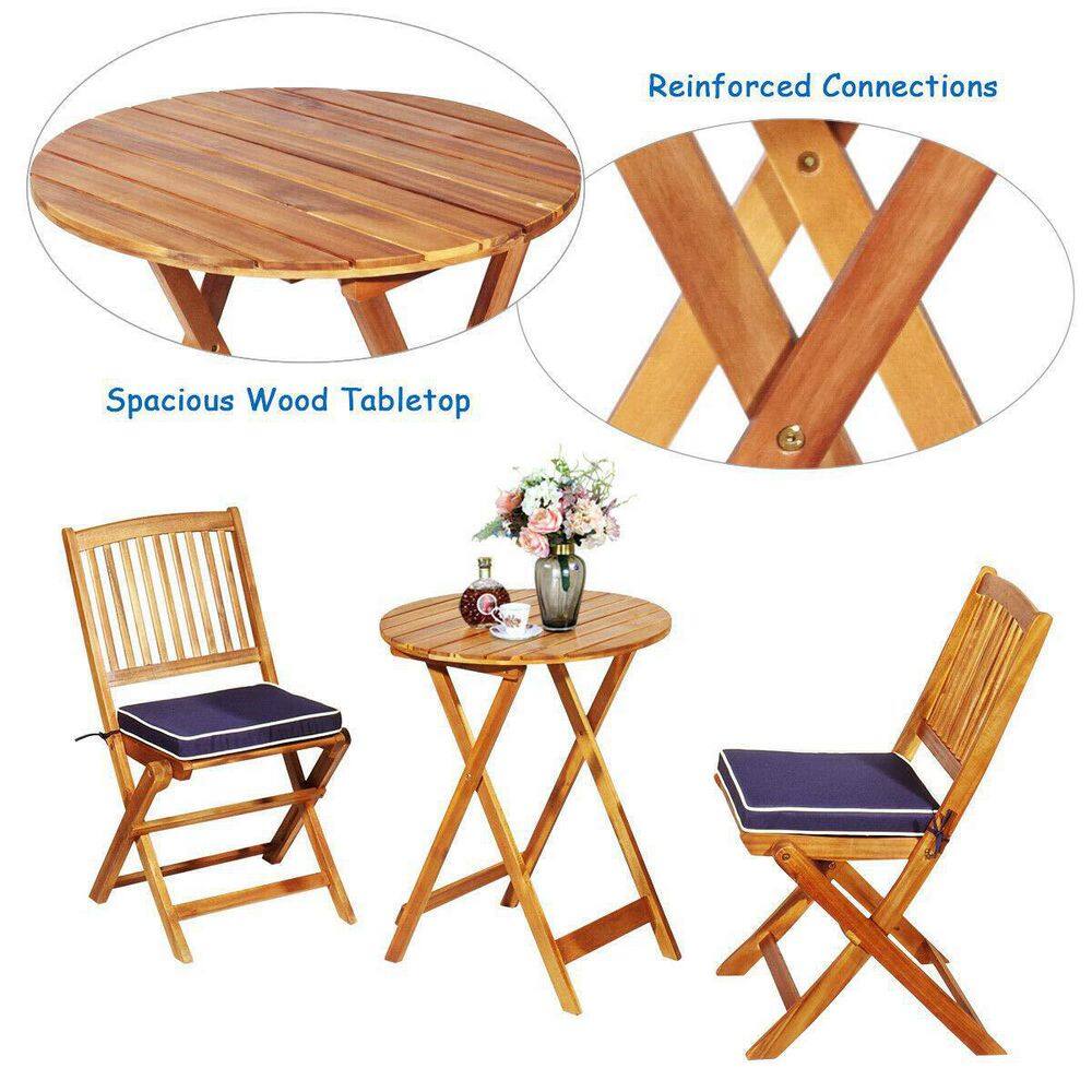 Brown 3-Piece Folding Wooden Outdoor Bistro Set with Navy Cushions