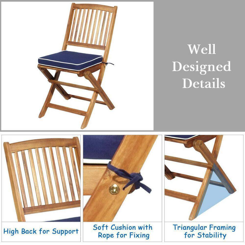 Brown 3-Piece Folding Wooden Outdoor Bistro Set with Navy Cushions