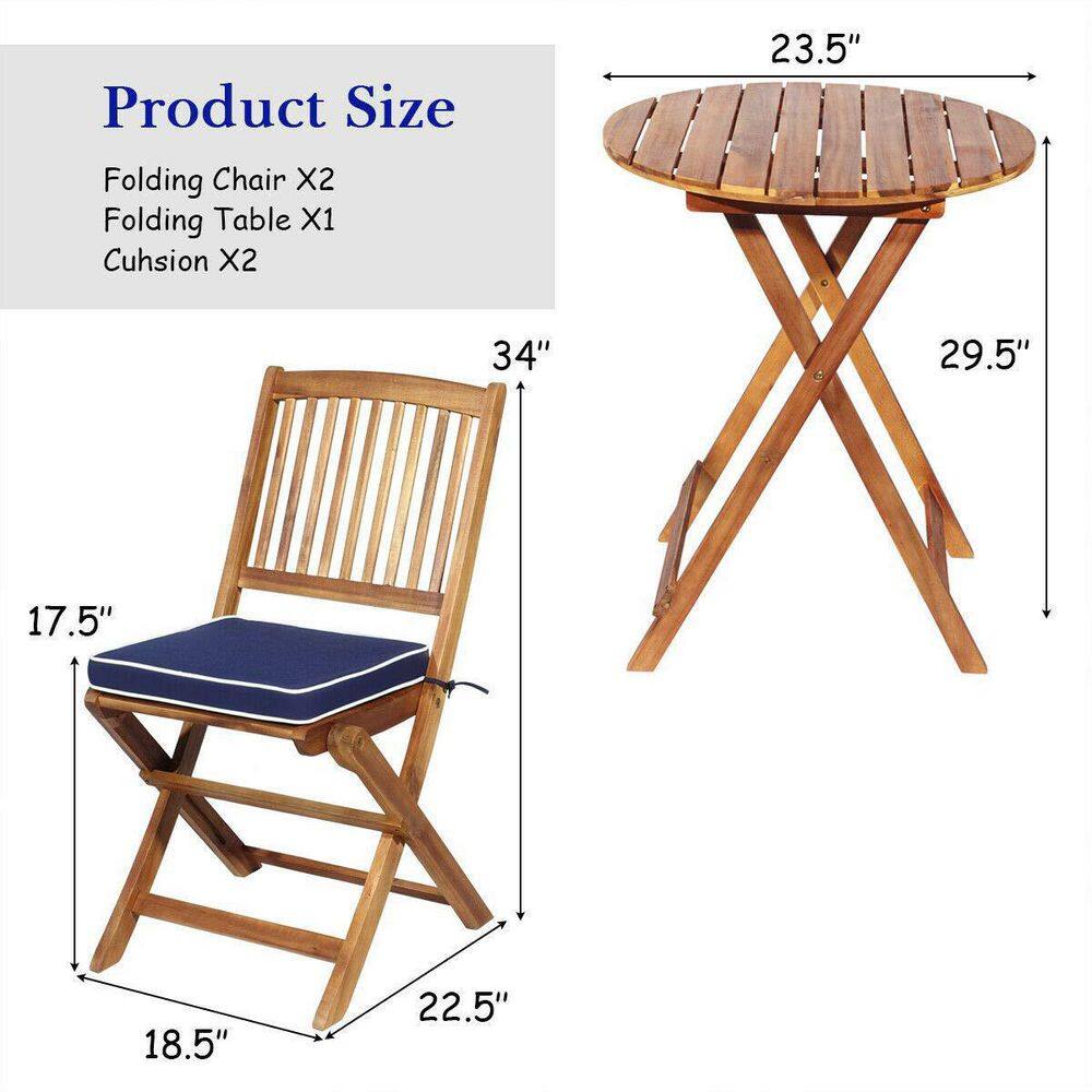 Brown 3-Piece Folding Wooden Outdoor Bistro Set with Navy Cushions