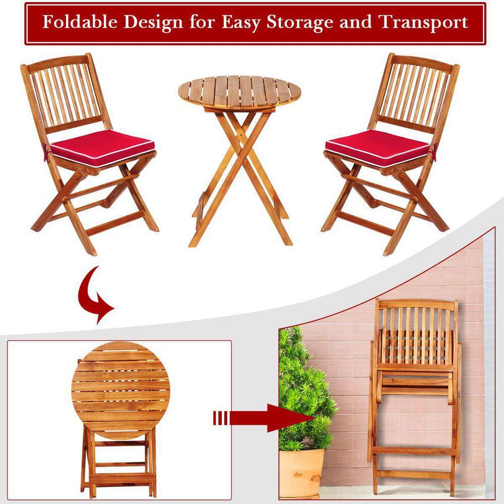 Brown 3-Piece Folding Wooden Outdoor Bistro Set with Red Cushions