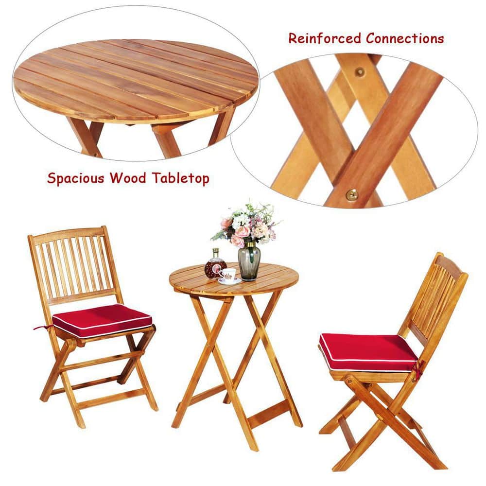 Brown 3-Piece Folding Wooden Outdoor Bistro Set with Red Cushions