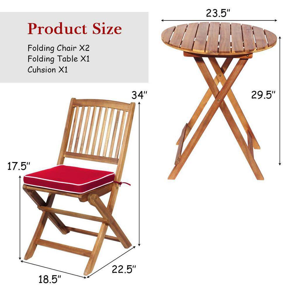 Brown 3-Piece Folding Wooden Outdoor Bistro Set with Red Cushions