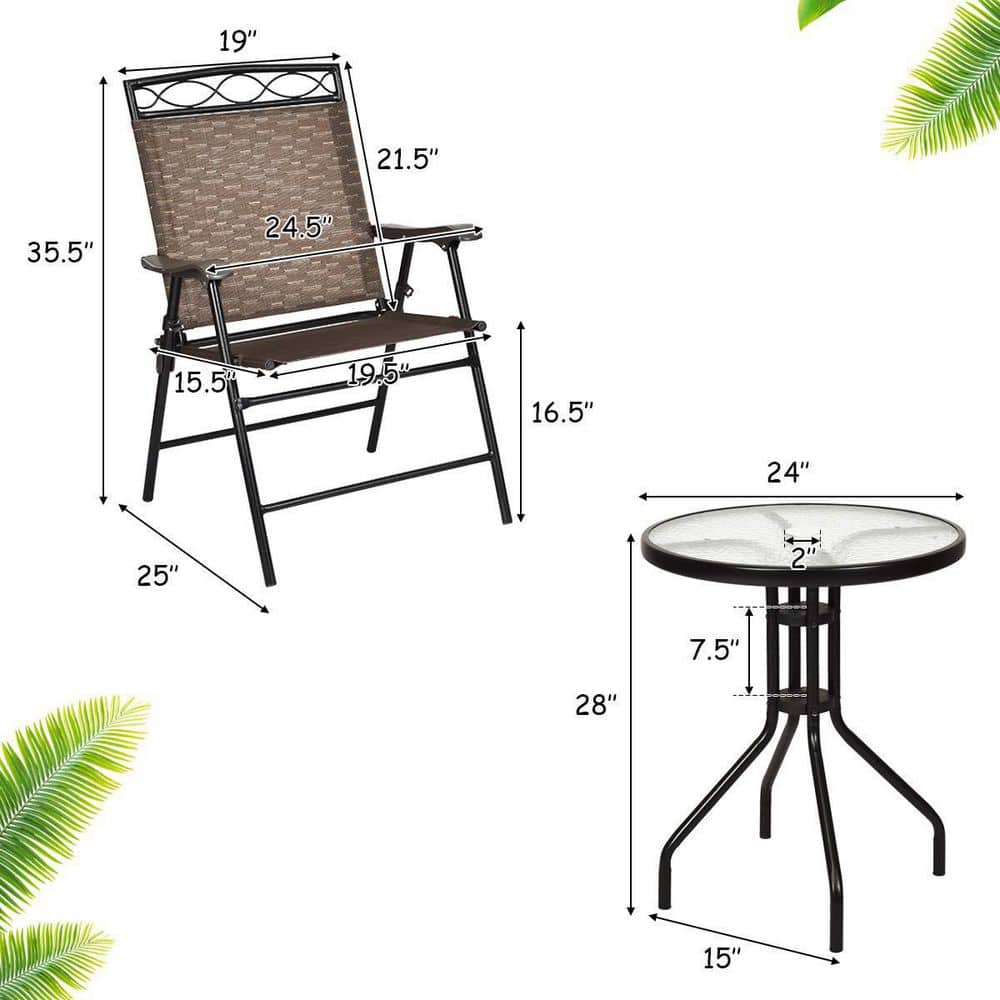Brown 3-Piece Metal Round Outdoor Bistro Set Patio Pub Dining Set with 2 Folding Chairs & Glass Table
