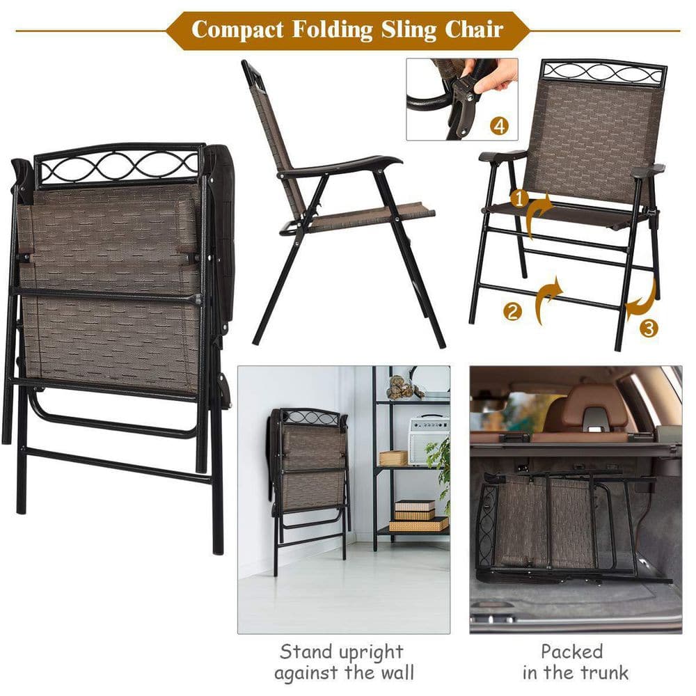 Brown 3-Piece Metal Round Outdoor Bistro Set Patio Pub Dining Set with 2 Folding Chairs & Glass Table