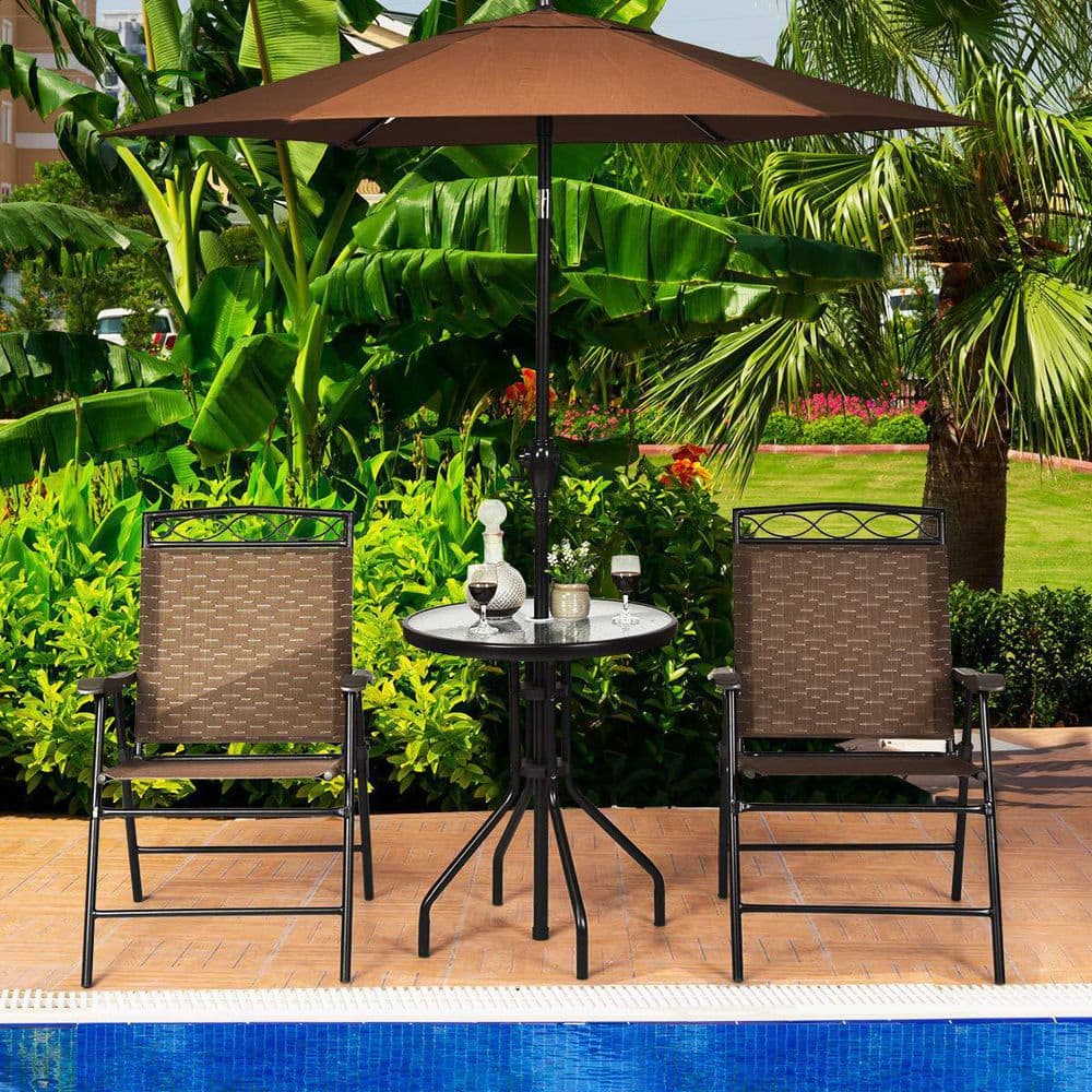 Brown 3-Piece Metal Round Outdoor Bistro Set Patio Pub Dining Set with 2 Folding Chairs & Glass Table