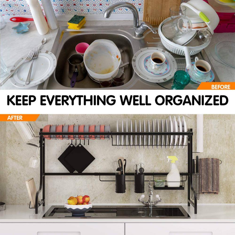 Black Adjustable Stainless Steel Standing Dish Rack Kitchen Organizer