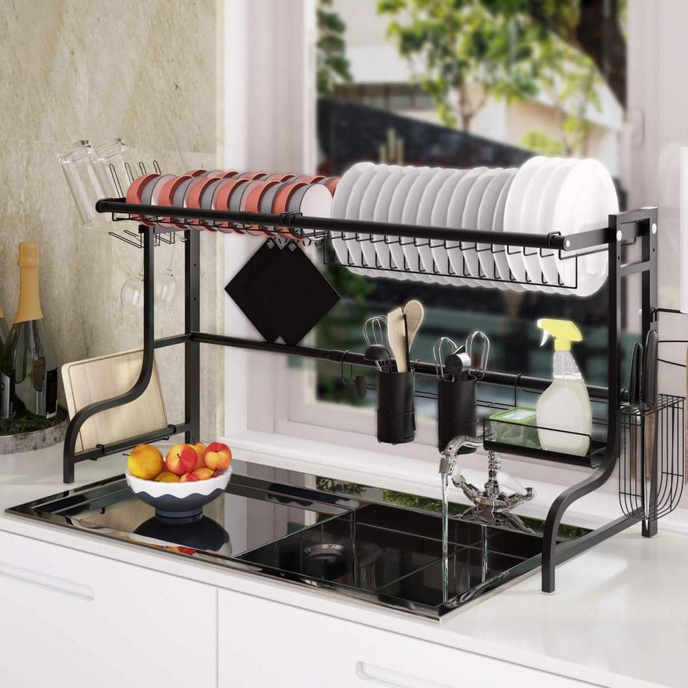 Black Adjustable Stainless Steel Standing Dish Rack Kitchen Organizer