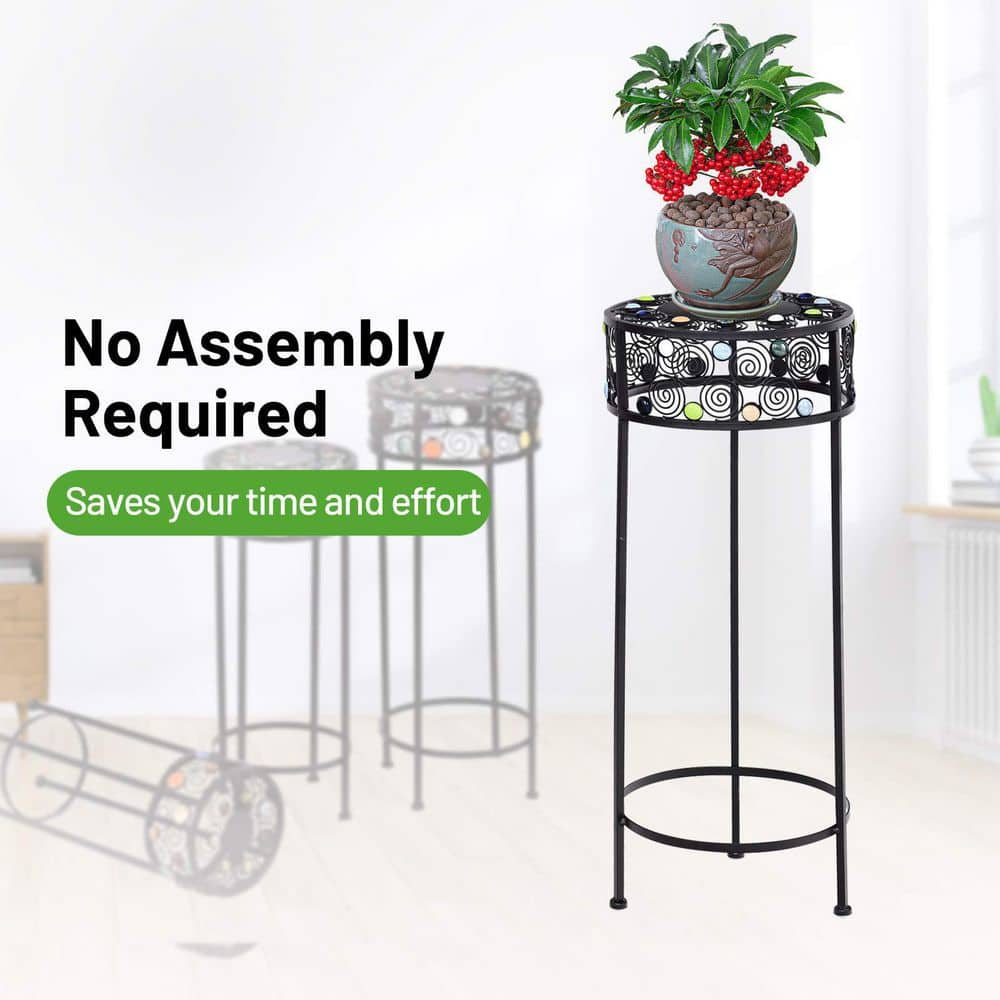 Black Metal Plant Stand Round Ceramic Beads Decorative Flower Pot (Set of 3)