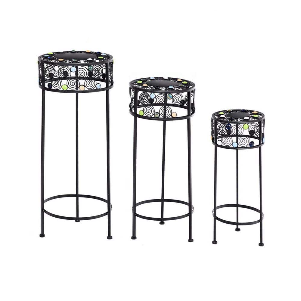 Black Metal Plant Stand Round Ceramic Beads Decorative Flower Pot (Set of 3)