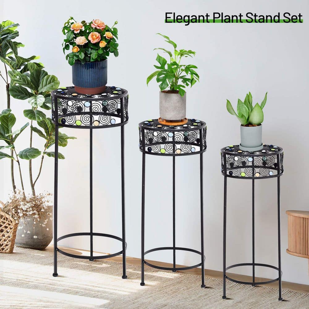 Black Metal Plant Stand Round Ceramic Beads Decorative Flower Pot (Set of 3)