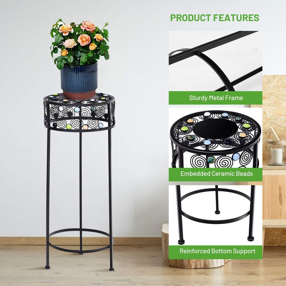 Black Metal Plant Stand Round Ceramic Beads Decorative Flower Pot (Set of 3)