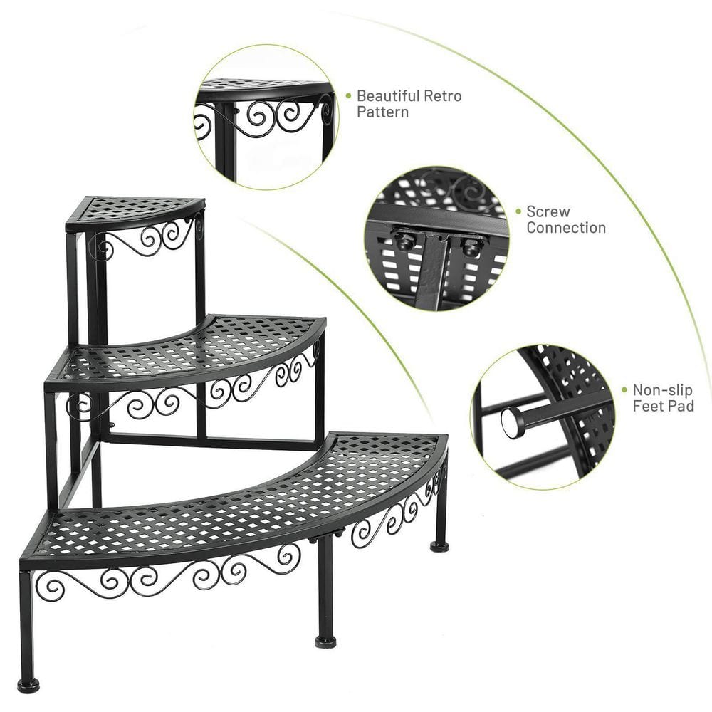 Black Metal Corner Flower Ladder Plant Stand (3-Tier)