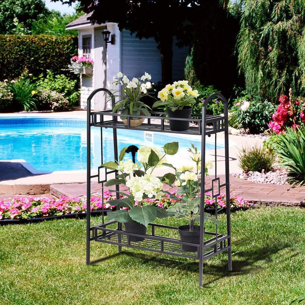 32 in. Tall Heavy-Duty Metal Flower Plant Stand (2-Tier)