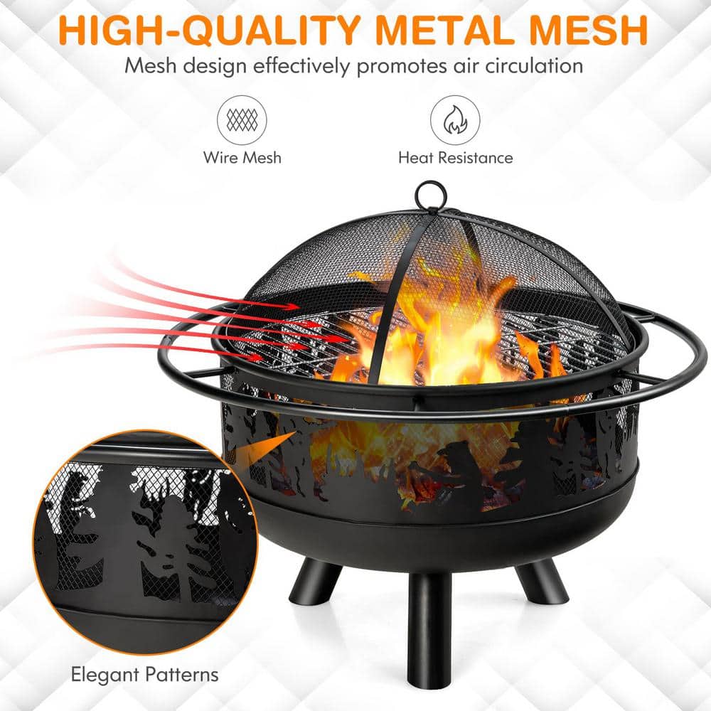 Sphere 36 in. x 24 in. H Round Metal Wood and Coal Burning Outdoor Fire Pit and Grill in Black with Poker