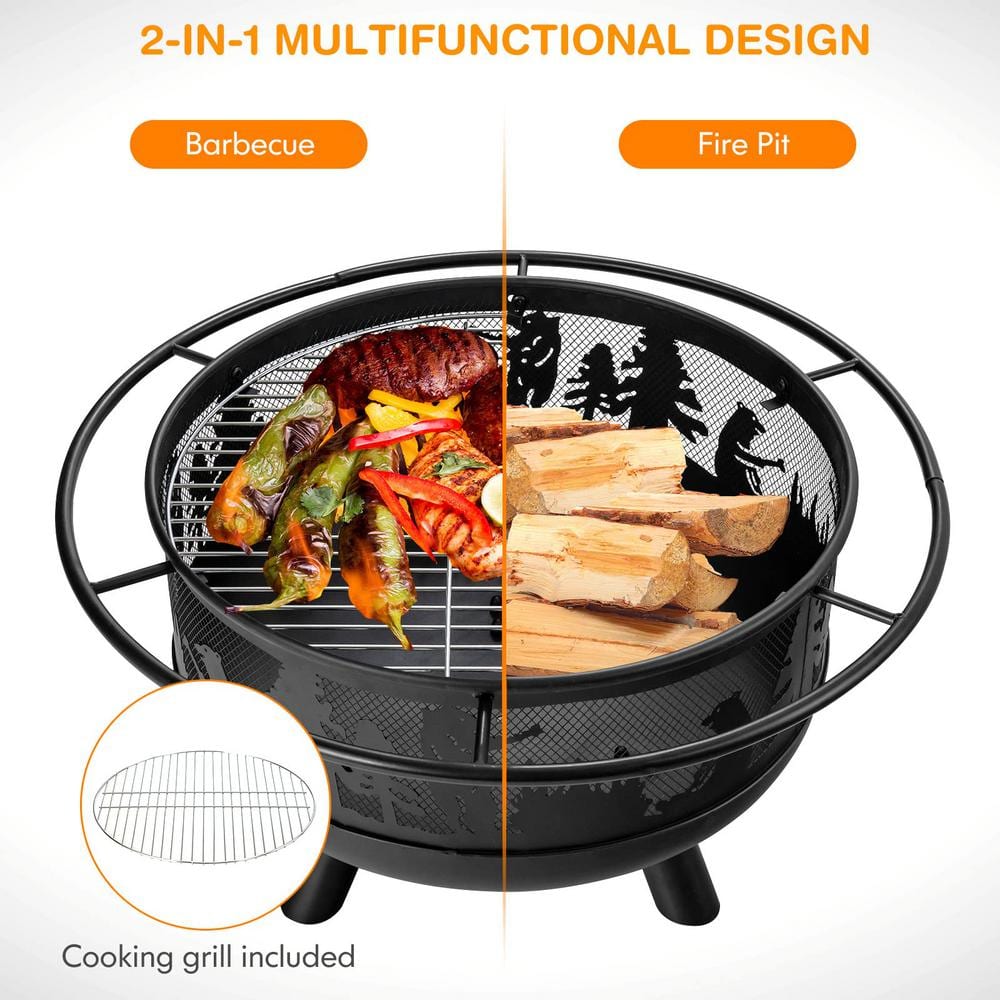 Sphere 36 in. x 24 in. H Round Metal Wood and Coal Burning Outdoor Fire Pit and Grill in Black with Poker