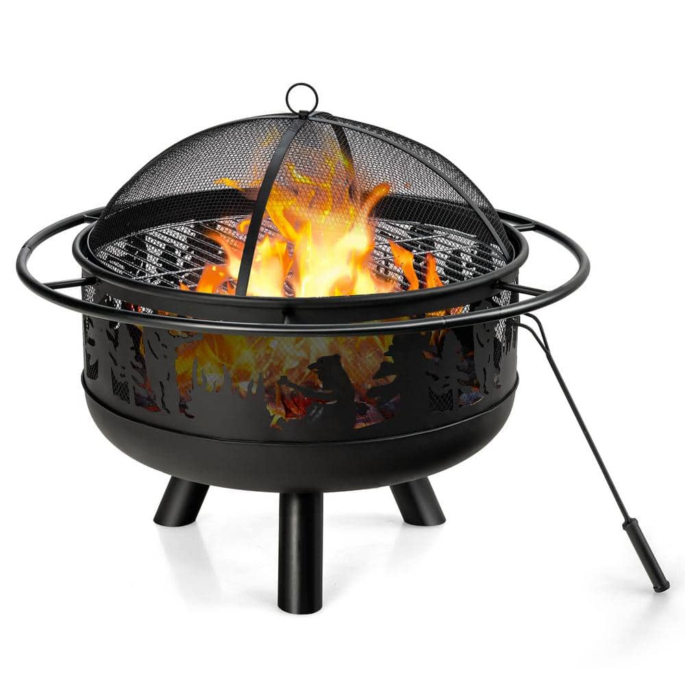 Sphere 36 in. x 24 in. H Round Metal Wood and Coal Burning Outdoor Fire Pit and Grill in Black with Poker