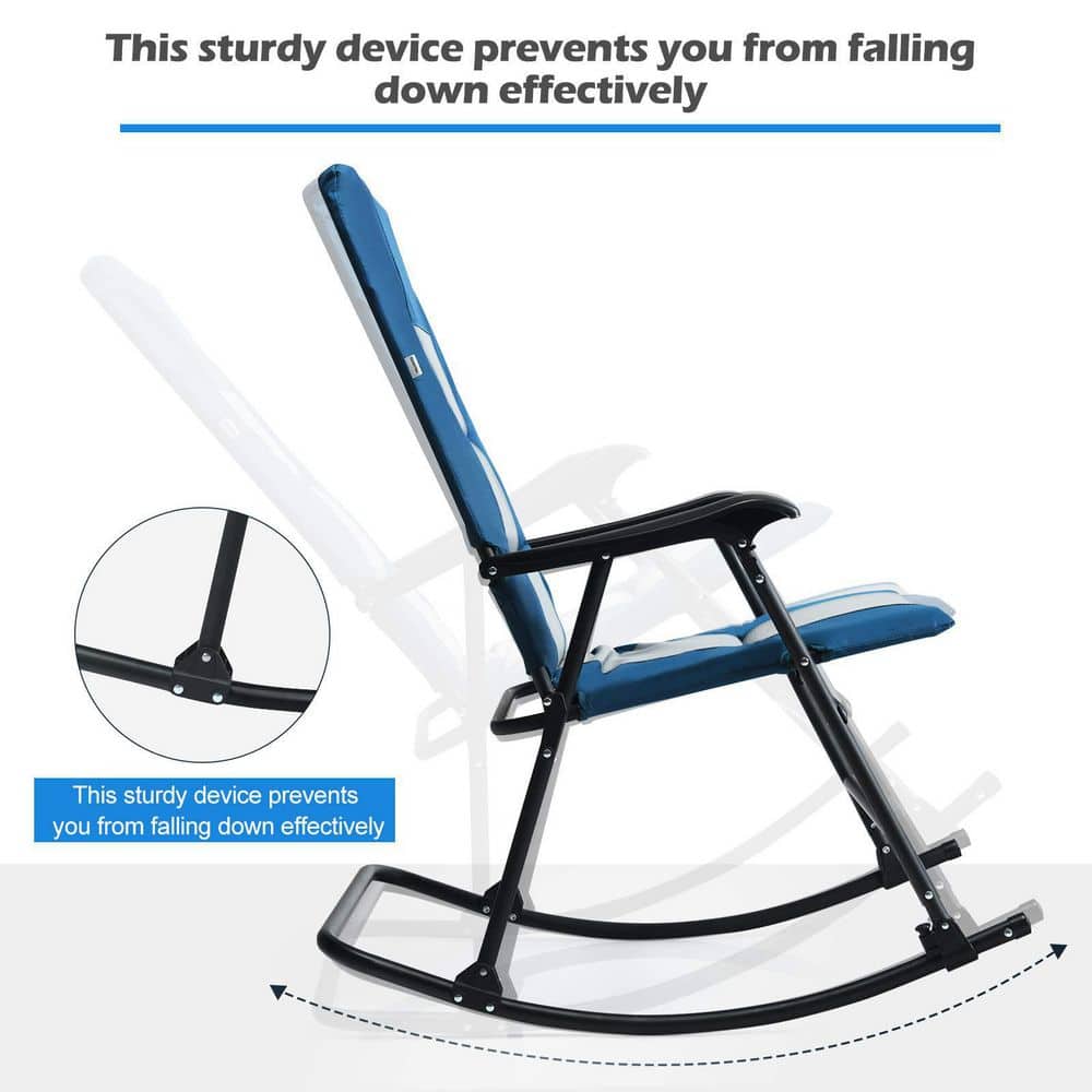 Blue Steel Outdoor Rocking Chair Foldable Padded Camping Chair with Backrest and Armrest