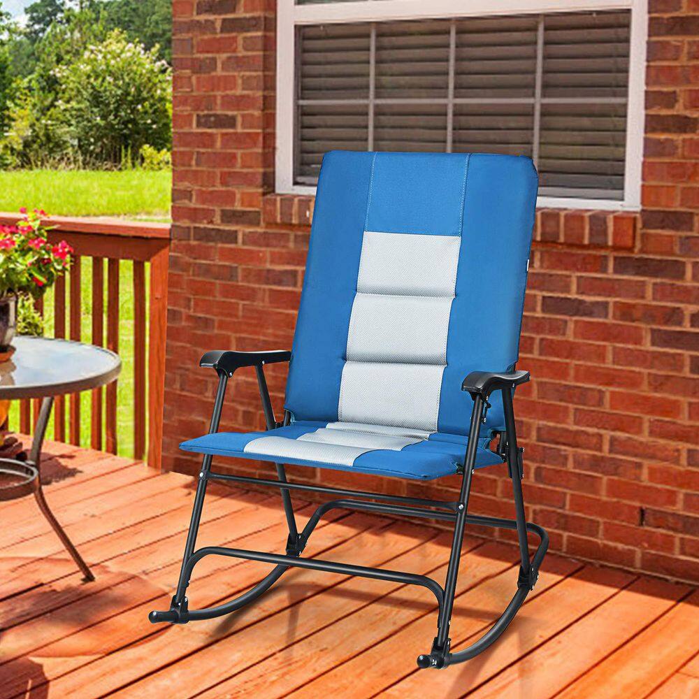 Blue Steel Outdoor Rocking Chair Foldable Padded Camping Chair with Backrest and Armrest