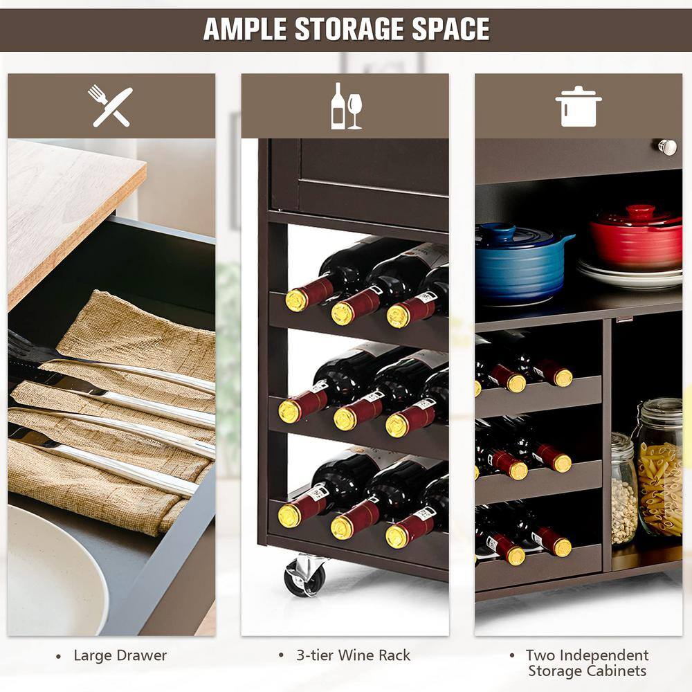 Brown Wooden Rolling Kitchen Cart with 3-Tier Wine Racks and 2-Cabinets