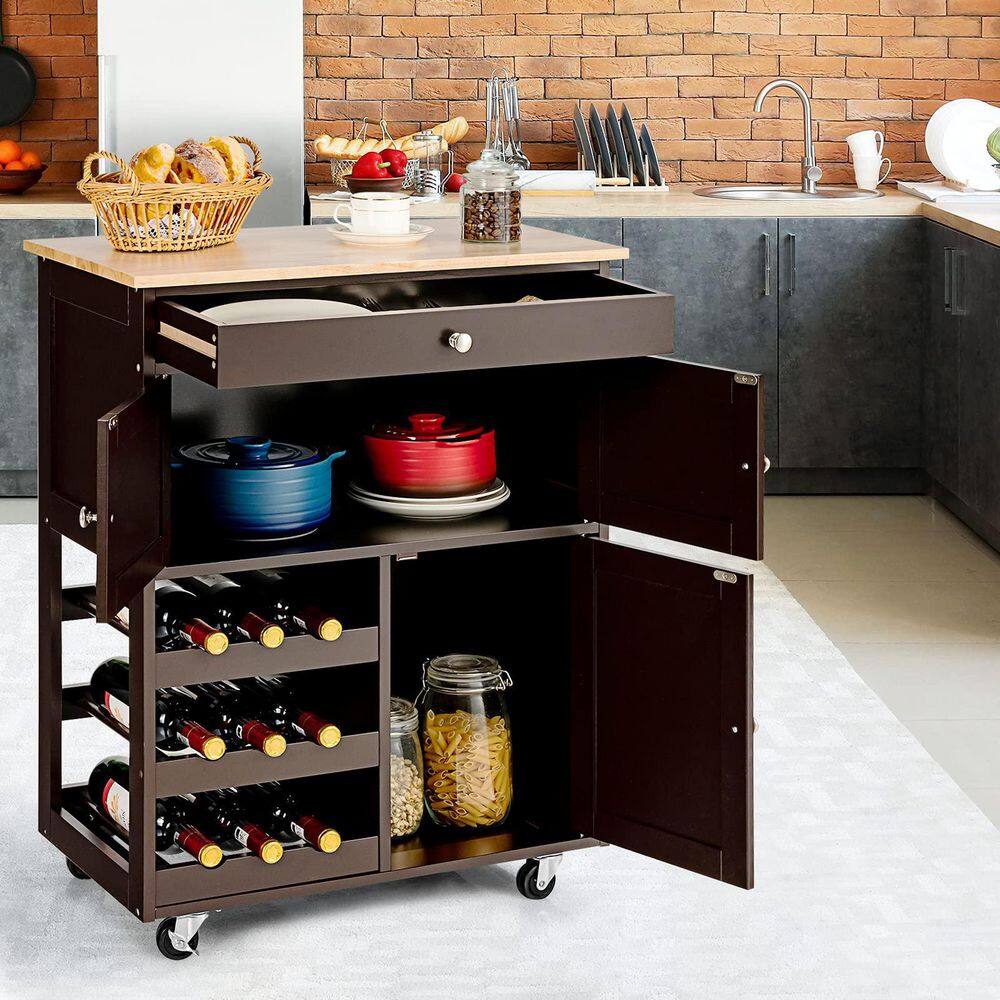 Brown Wooden Rolling Kitchen Cart with 3-Tier Wine Racks and 2-Cabinets