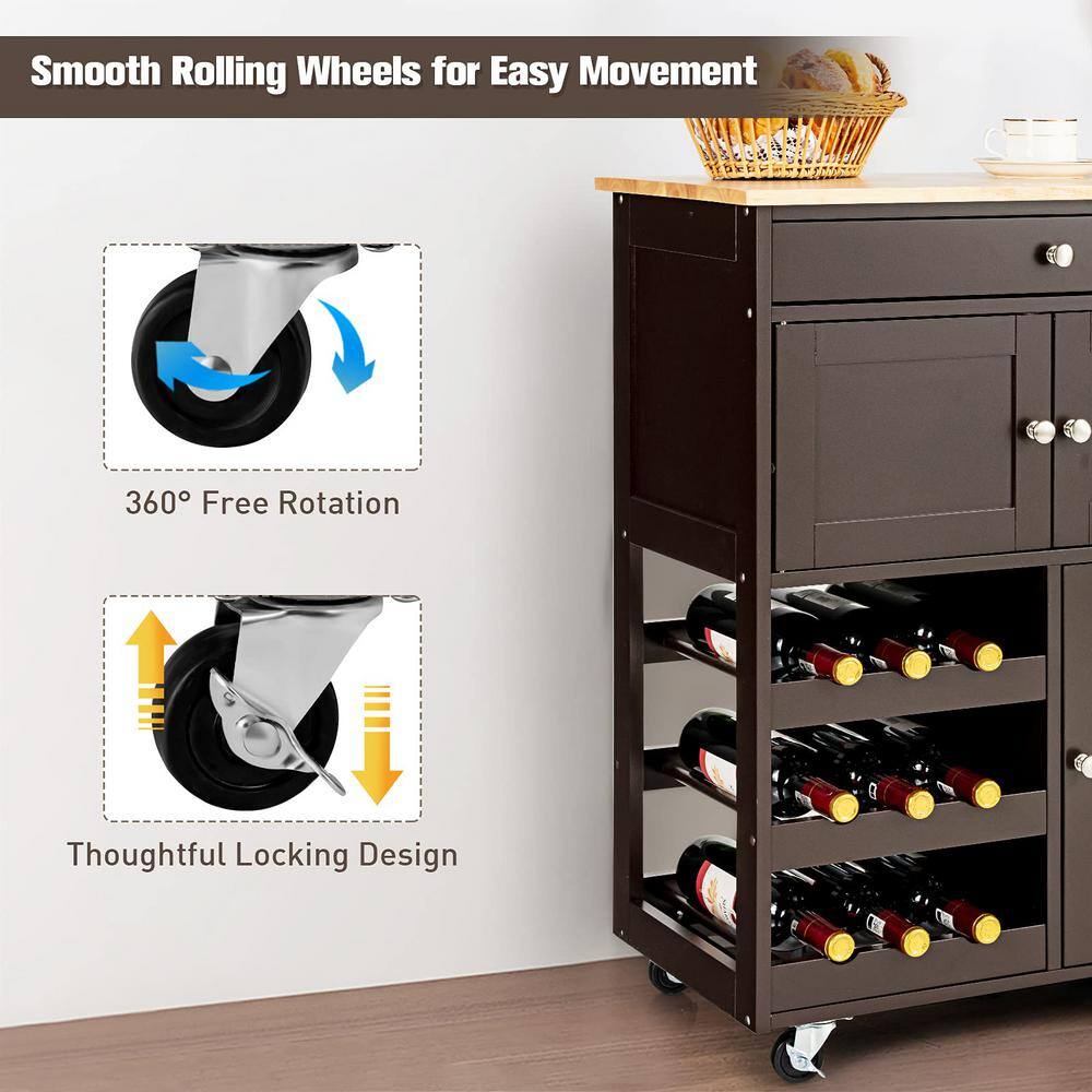 Brown Wooden Rolling Kitchen Cart with 3-Tier Wine Racks and 2-Cabinets