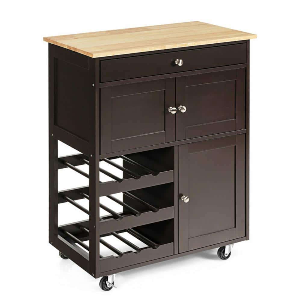 Brown Wooden Rolling Kitchen Cart with 3-Tier Wine Racks and 2-Cabinets