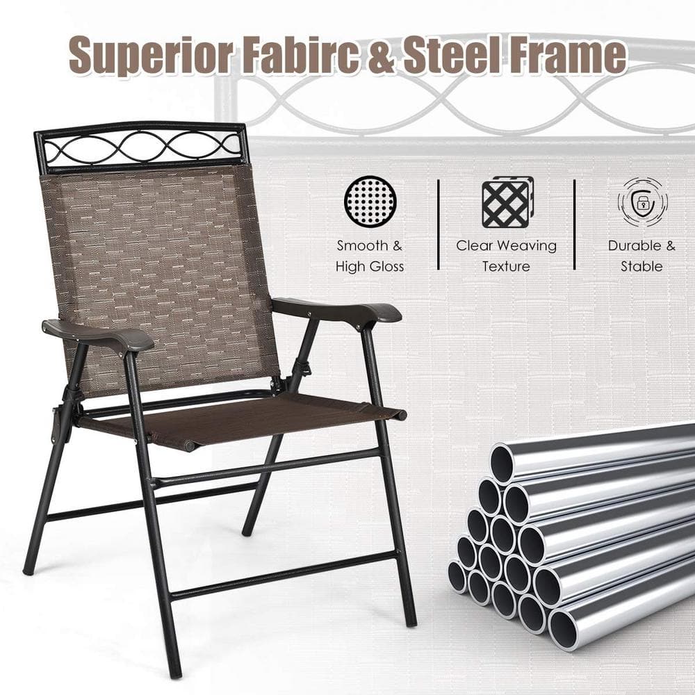 Brown Metal Folding Lawn Chair with Armrest (Set of 2)