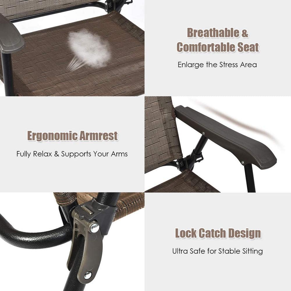 Brown Metal Folding Lawn Chair with Armrest (Set of 2)
