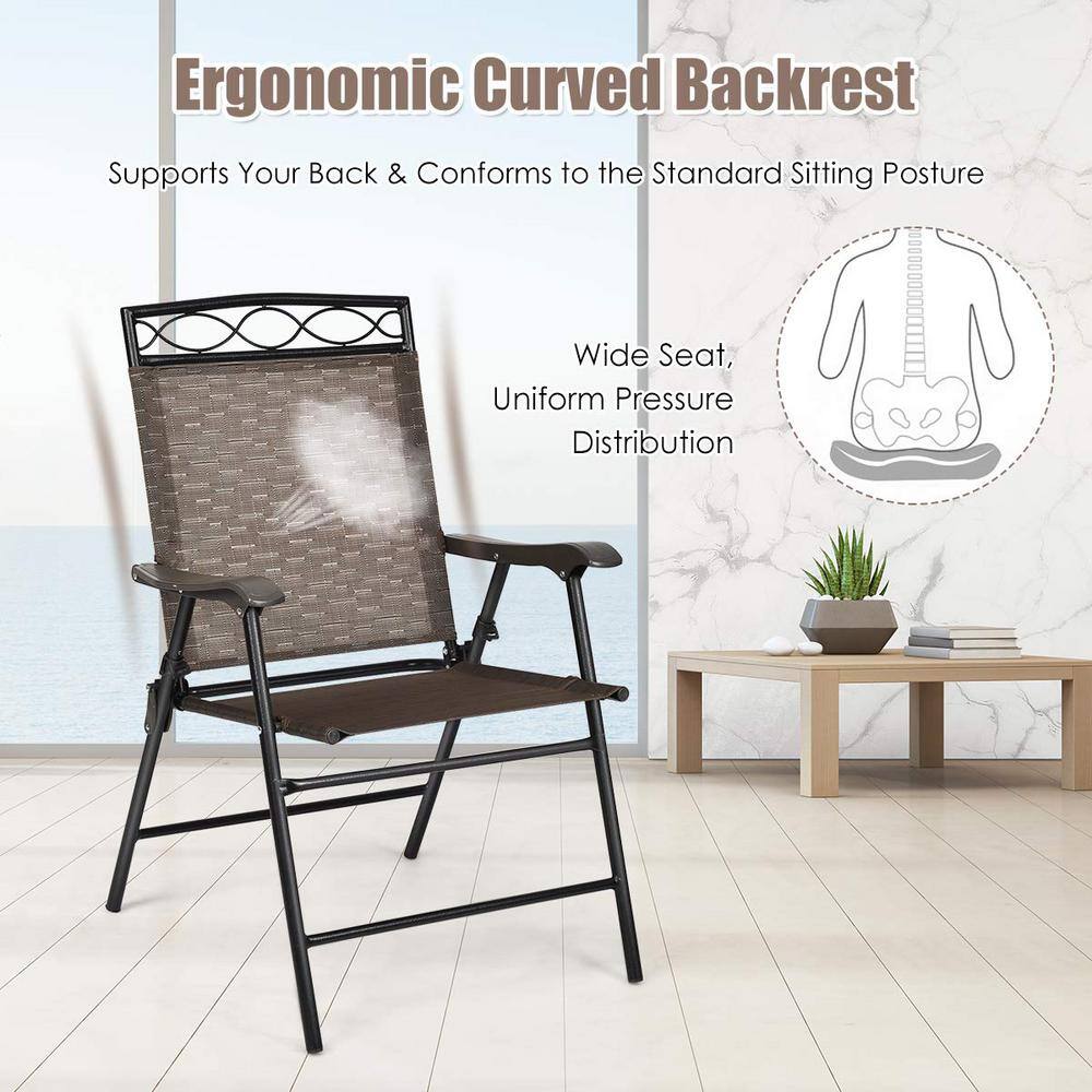 Brown Metal Folding Lawn Chair with Armrest (Set of 2)