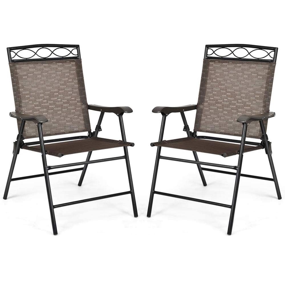 Brown Metal Folding Lawn Chair with Armrest (Set of 2)