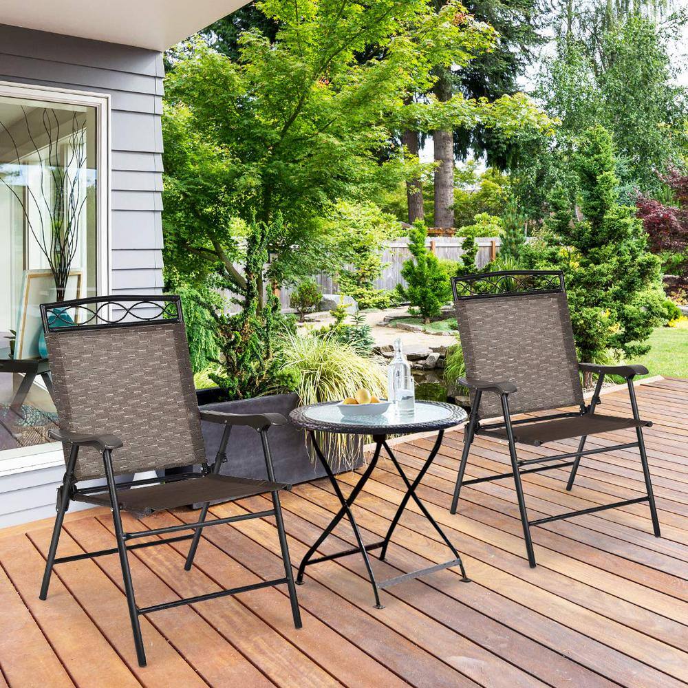 Brown Metal Folding Lawn Chair with Armrest (Set of 2)