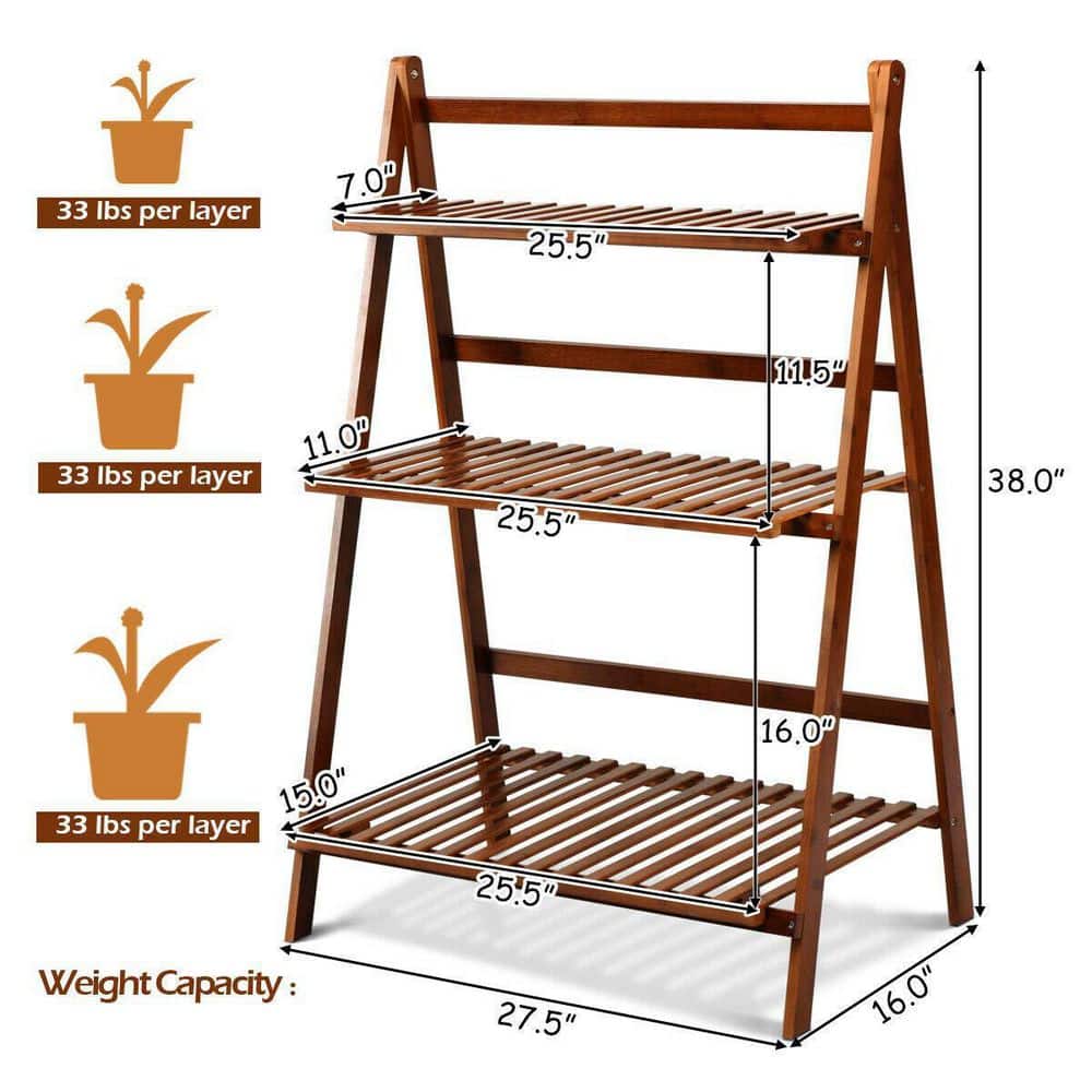 Outdoor Wood 3-Tier Folding Plant Stand Shelf Flower Pot
